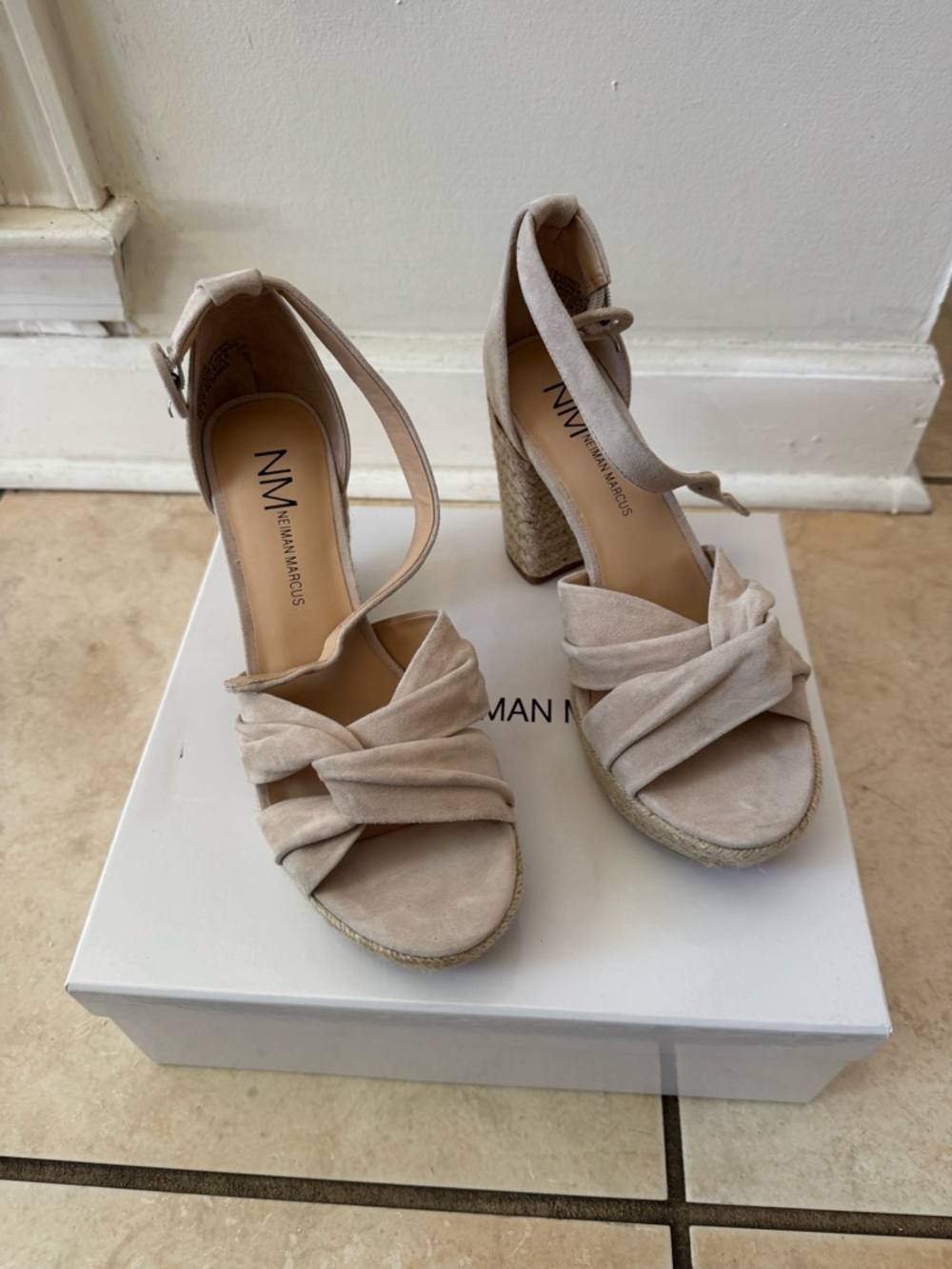 Neiman Marcus Suede Knotted Espadrille Woven Heels